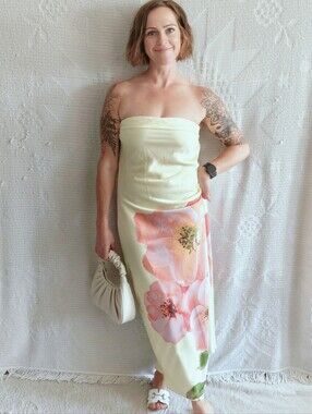 Thirty/Thirty LA Yellow Floral Satin Strapless Maxi Dress | Cowl Back | Size L